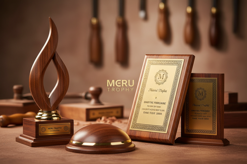 High-quality wooden mementos by Meru Trophy showing premium finish to prevent wooden trophy cracking in India.