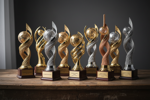 Premium fiber trophies for school award ceremonies displayed on a wooden table, highlighting customized fiber recognition trophy designs.