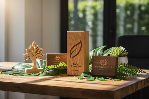 High-quality eco-friendly wooden mementos and customized wooden trophy designs for corporate recognition from Meru Trophy India.