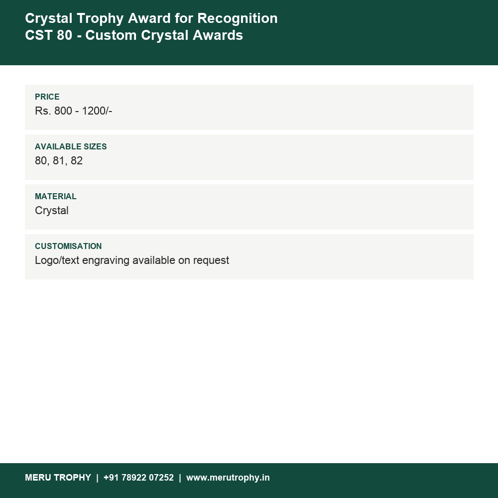 Crystal Trophy Award for Recognition CST 80 - Custom Crystal Awards details - Meru Trophy