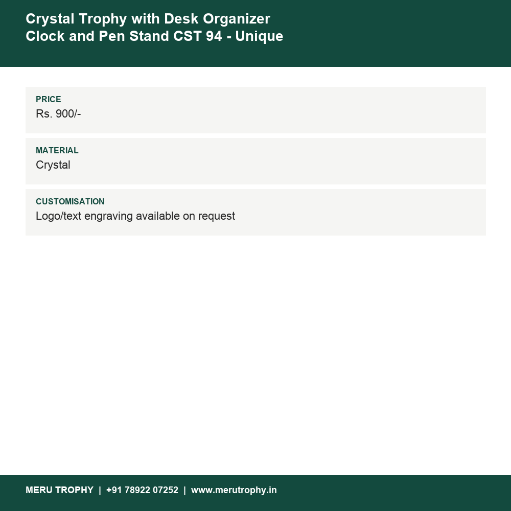 Crystal Trophy with Desk Organizer Clock and Pen Stand CST 94 - Unique Awards details - Meru Trophy