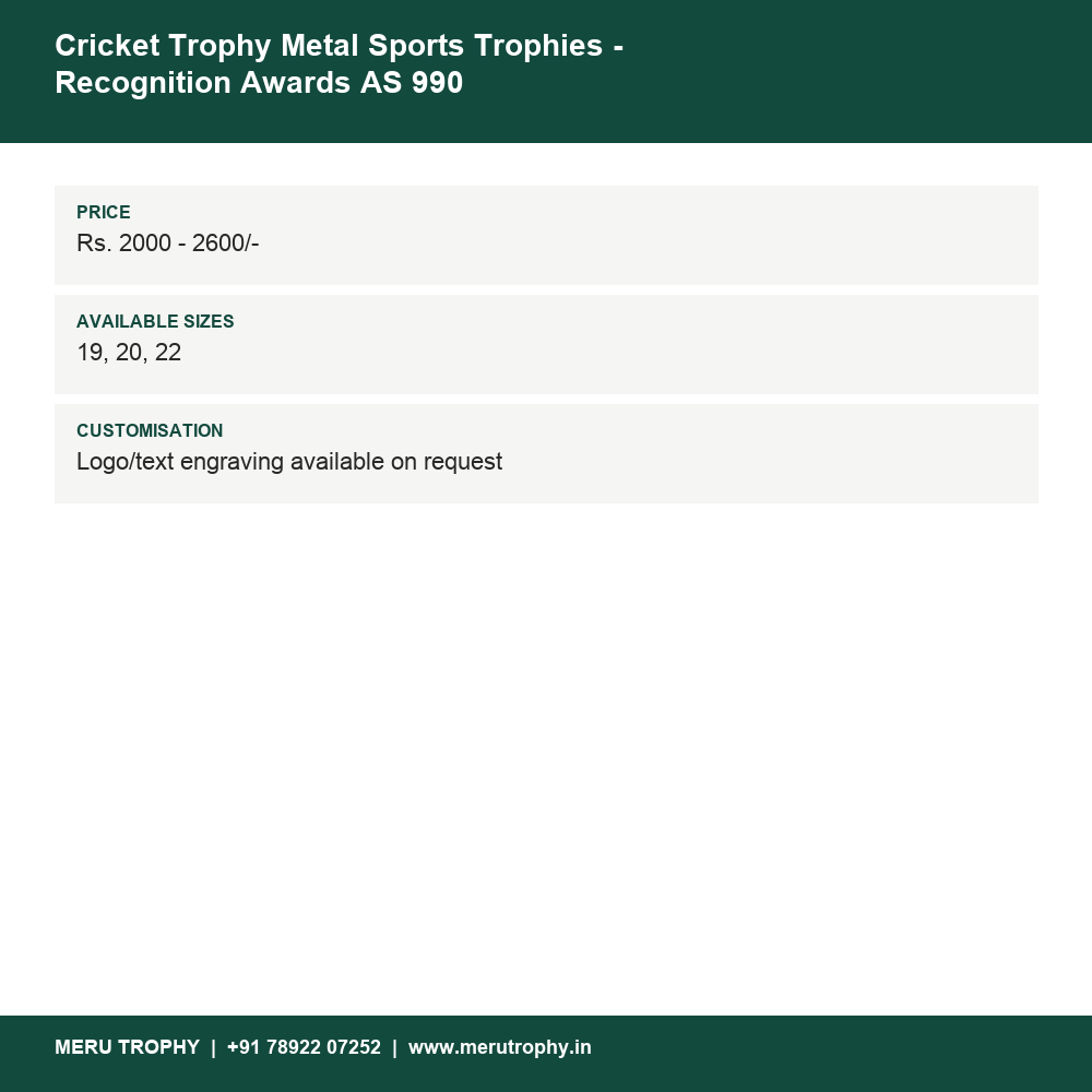 Cricket Trophy Metal Sports Trophies - Recognition Awards AS 990 details - Meru Trophy