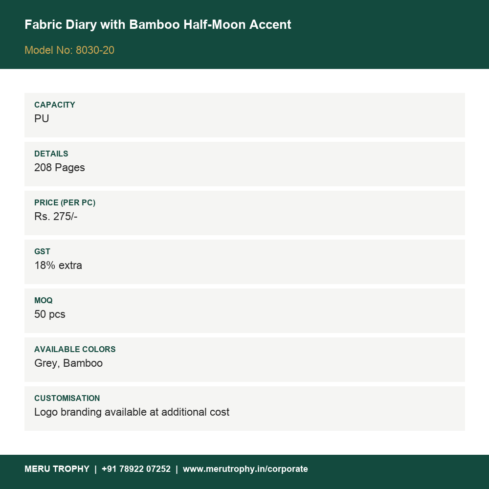 Fabric Diary with Bamboo Half-Moon Accent - product details card - Meru Trophy corporate gifting