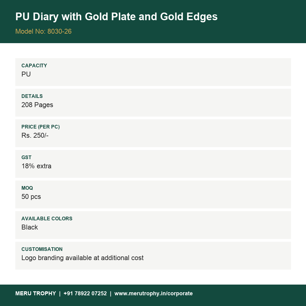 PU Diary with Gold Plate and Gold Edges - details - Meru Trophy corporate gifting