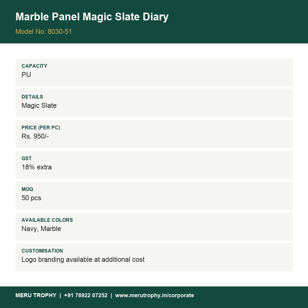 Marble Panel Magic Slate Diary - spec card - Meru Trophy corporate gifting