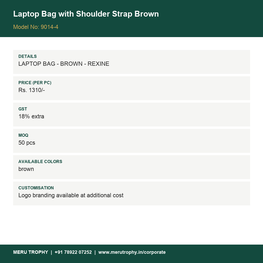 Laptop Bag with Shoulder Strap Brown - details - Meru Trophy corporate gifting