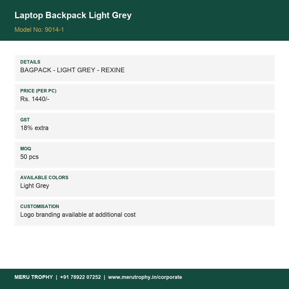 Laptop Backpack Light Grey - product spec card - Meru Trophy corporate gifting