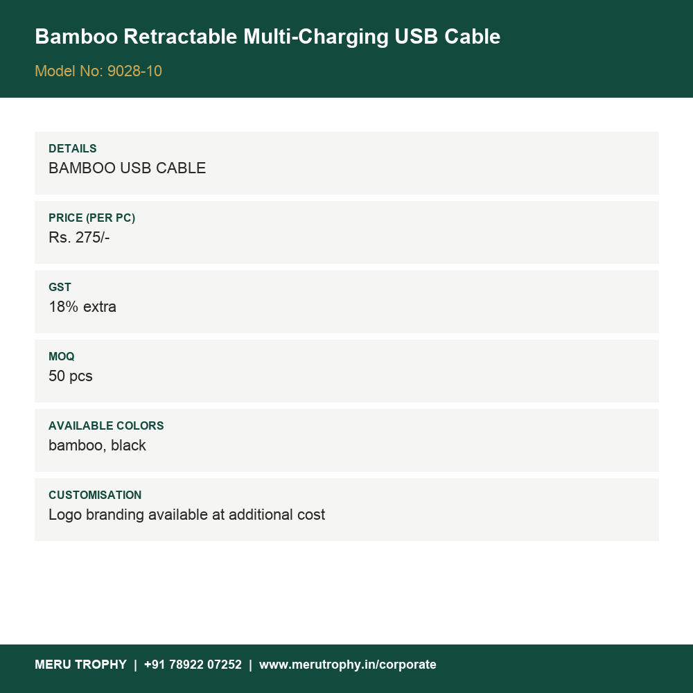 Bamboo Retractable Multi-Charging USB Cable - details - Meru Trophy corporate gifting