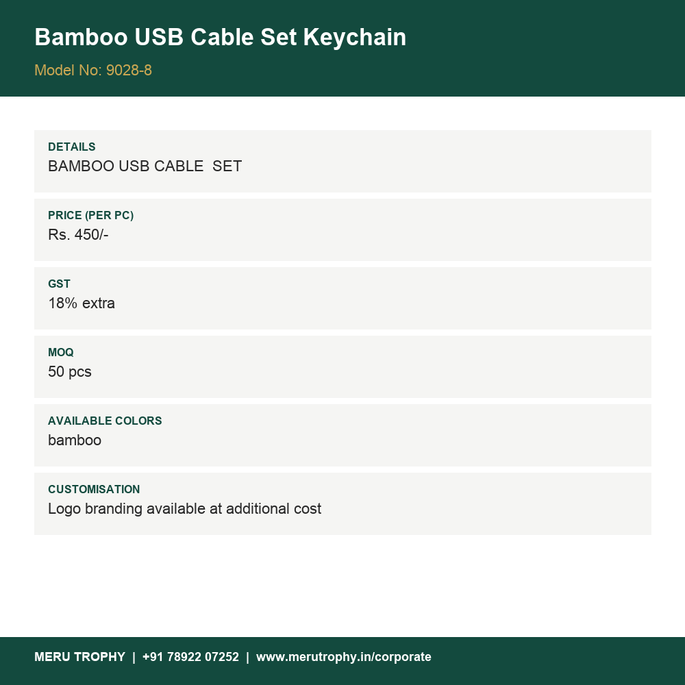 Bamboo USB Cable Set Keychain - details - Meru Trophy corporate gifting