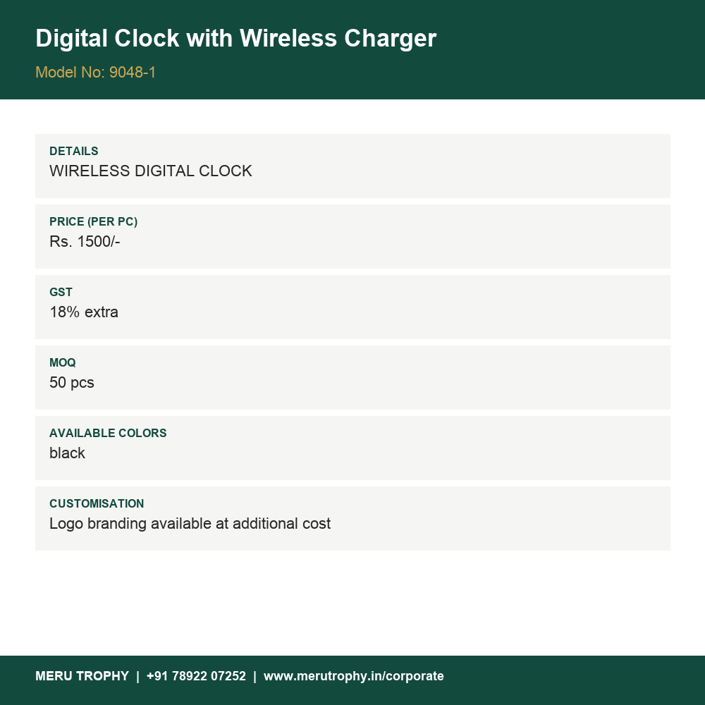 Digital Clock with Wireless Charger - product detail card - Meru Trophy corporate gifting