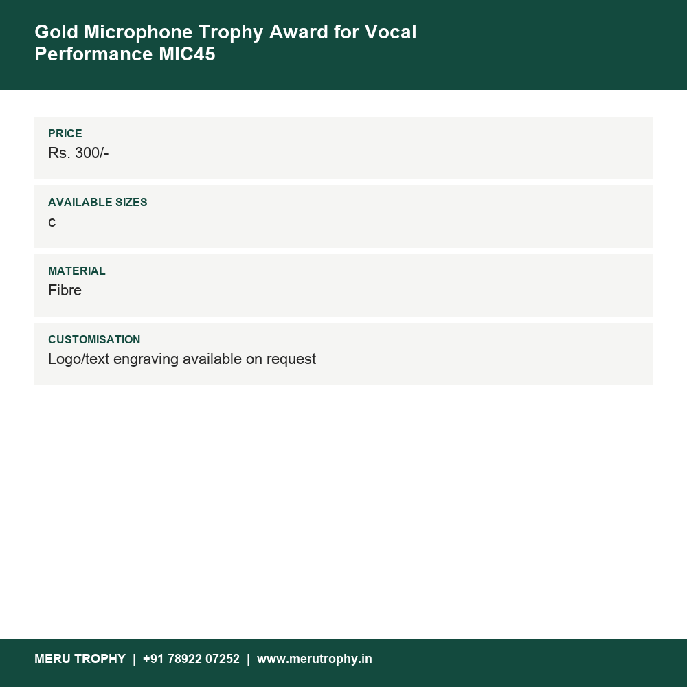 Gold Microphone Trophy Award for Vocal Performance MIC45 details - Meru Trophy