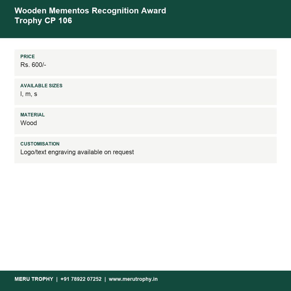 Wooden Mementos Recognition Award Trophy CP 106 details - Meru Trophy