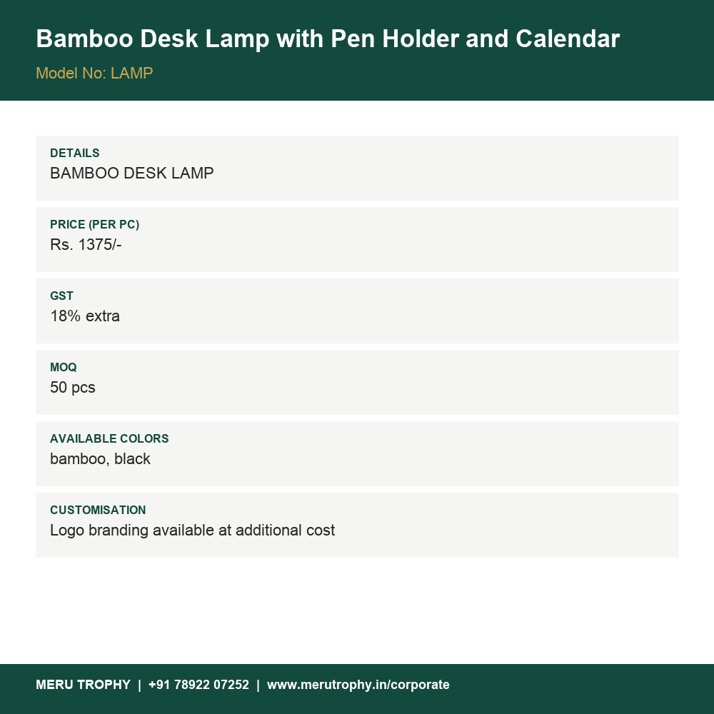 Bamboo Desk Lamp with Pen Holder and Calendar - product details - Meru Trophy corporate gifting