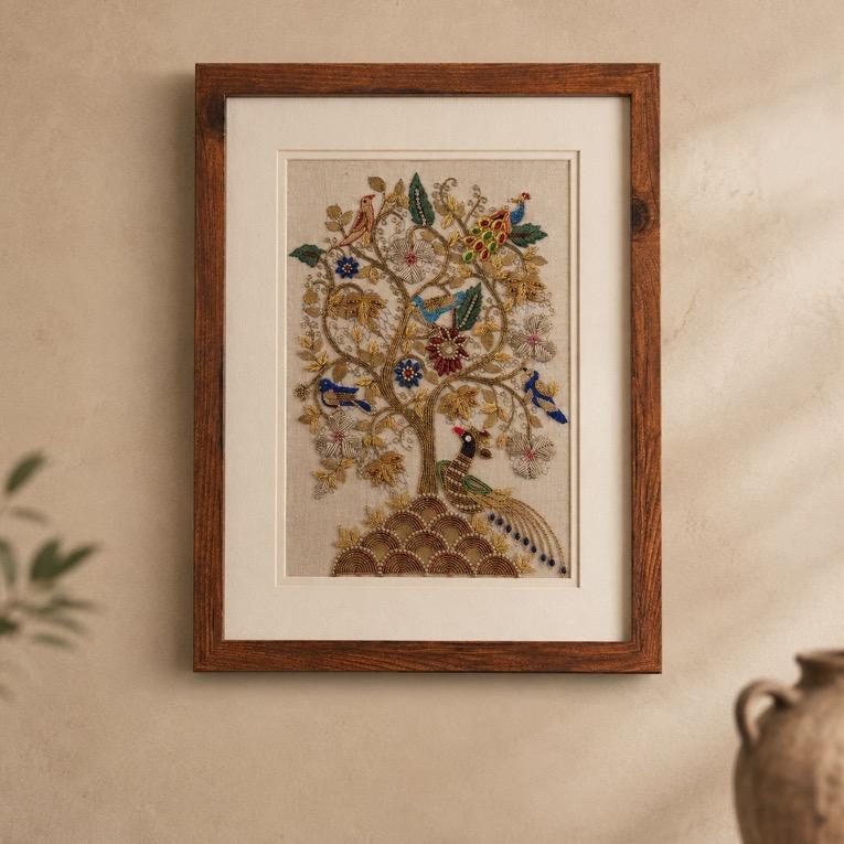 Zar Vriksha Zardozi Embroidered Tree of Life Frame, handcrafted Zardozi embroidery