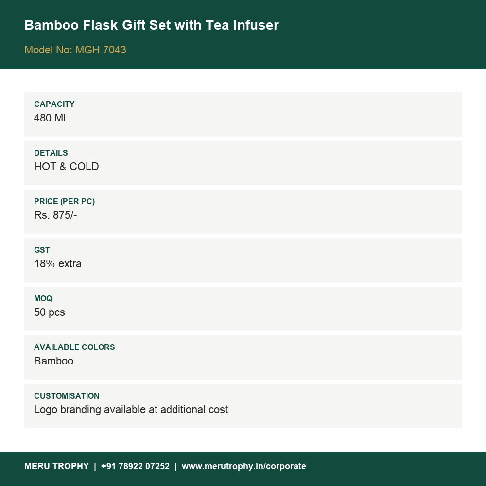 Bamboo Flask Gift Set with Tea Infuser - details card - Meru Trophy corporate gifting