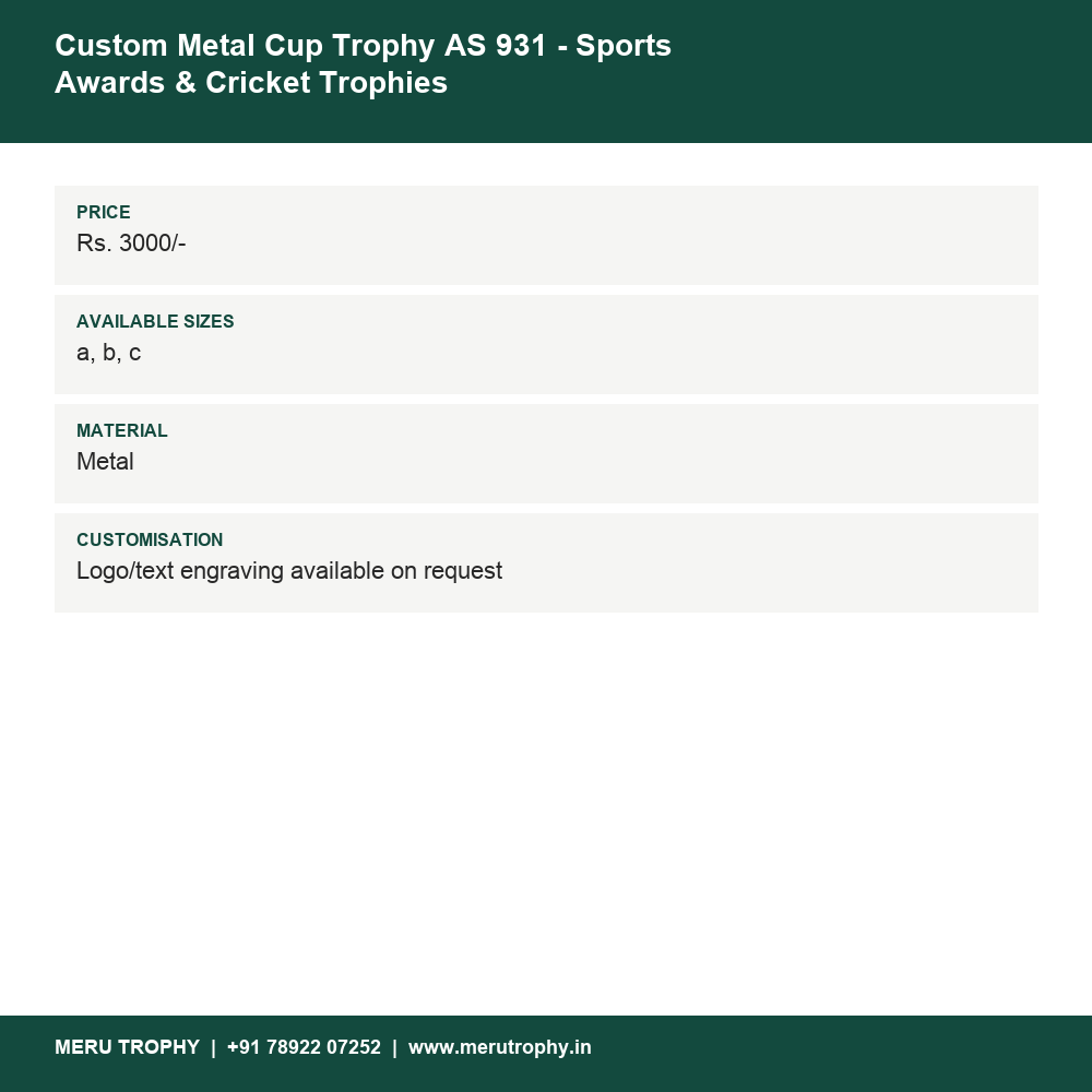 Custom Metal Cup Trophy AS 931 - Sports Awards & Cricket Trophies details - Meru Trophy