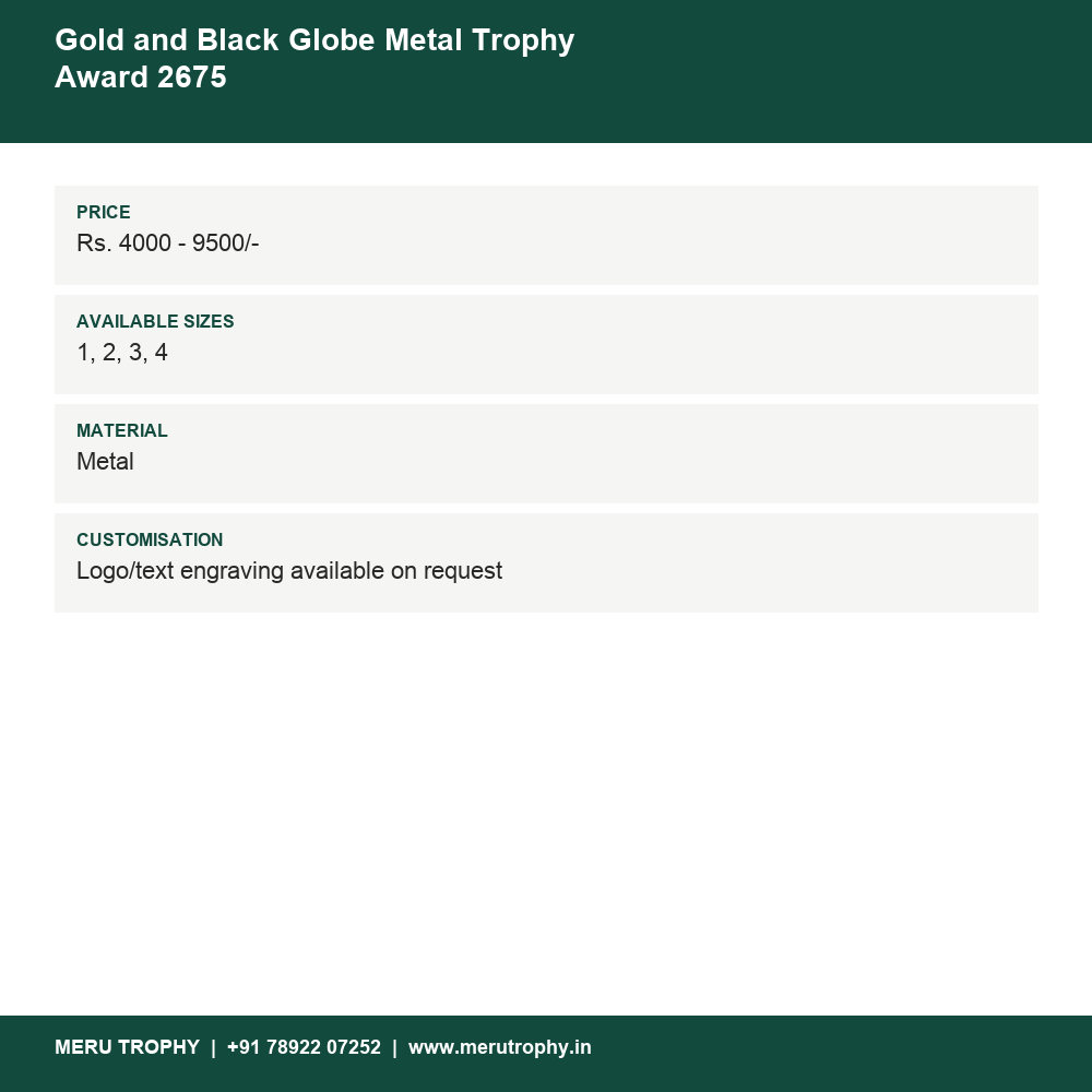 Gold and Black Globe Metal Trophy Award 2675 details - Meru Trophy