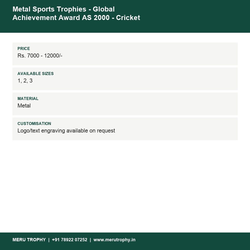 Metal Sports Trophies - Global Achievement Award AS 2000 - Cricket Trophies details - Meru Trophy