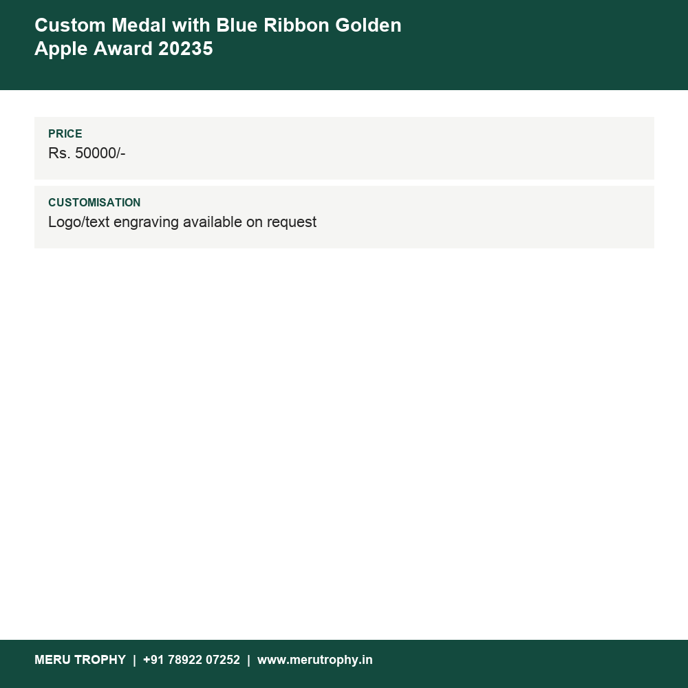 Custom Medal with Blue Ribbon Golden Apple Award 20235 details - Meru Trophy