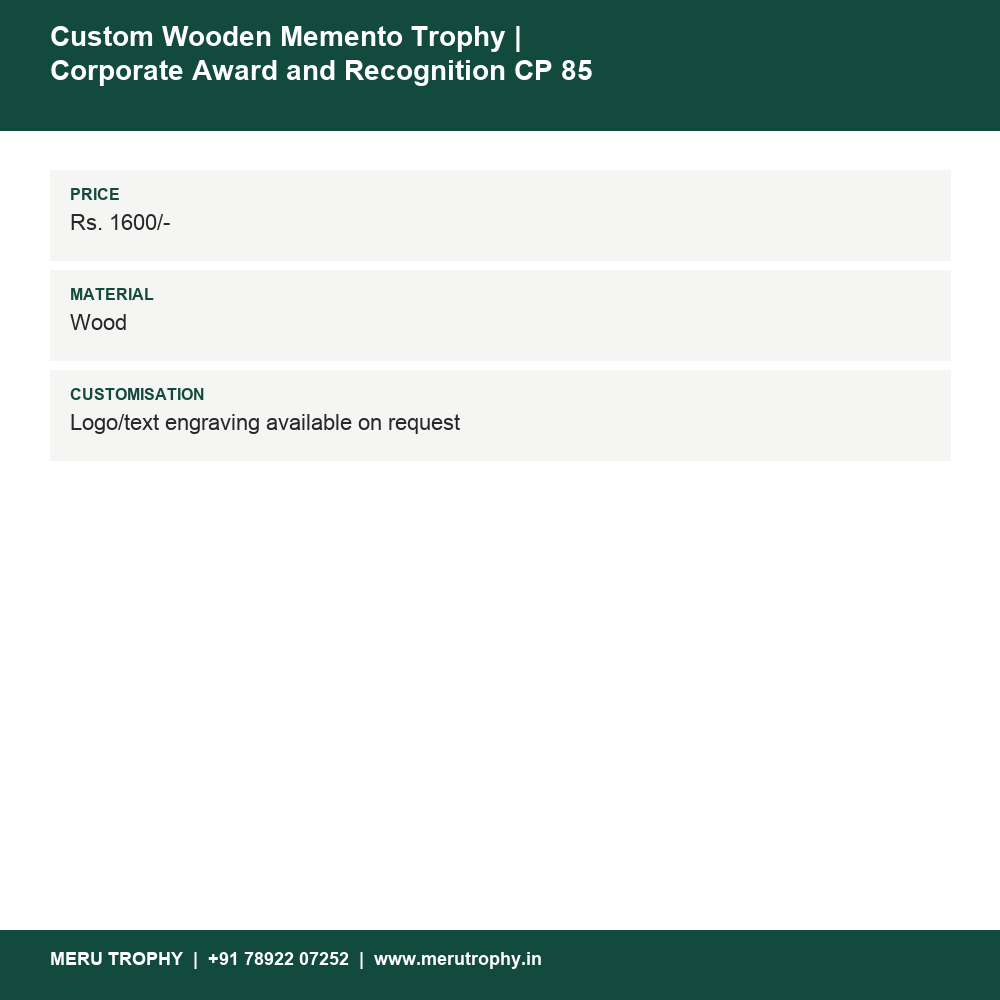 Custom Wooden Memento Trophy - Corporate Award and Recognition CP 85 details - Meru Trophy
