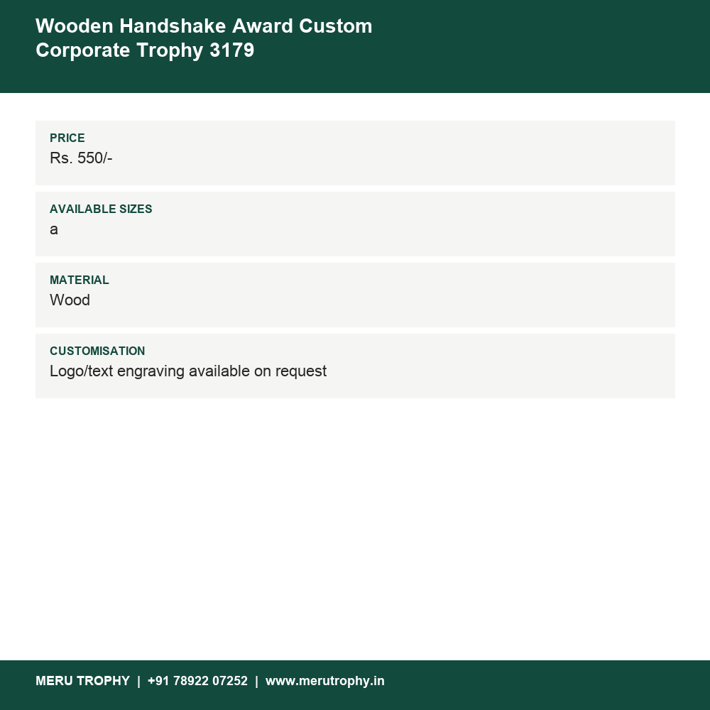 Wooden Handshake Award Custom Corporate Trophy 3179 details - Meru Trophy