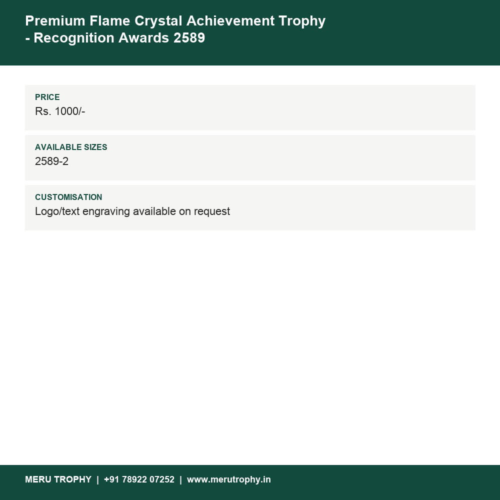 Premium Flame Crystal Achievement Trophy - Recognition Awards 2589 details - Meru Trophy