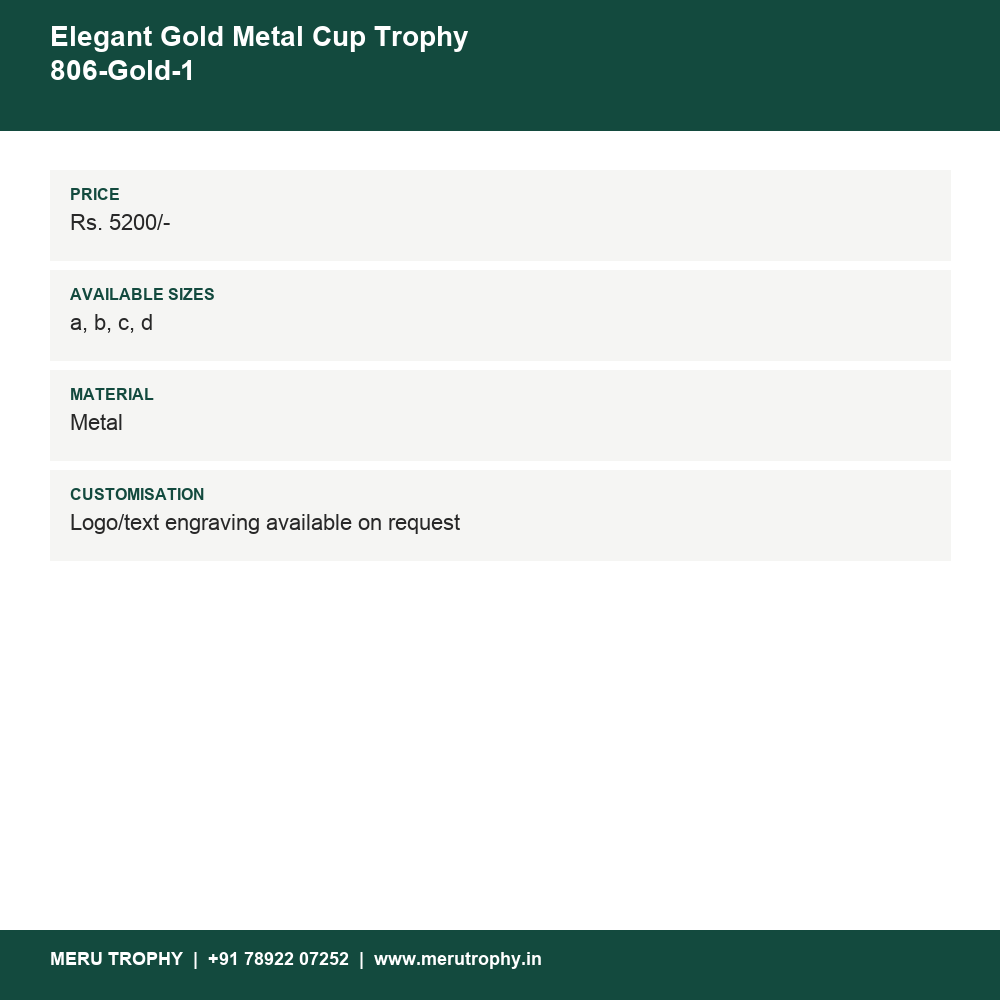 Elegant Gold Metal Cup Trophy 806-Gold-1 details - Meru Trophy
