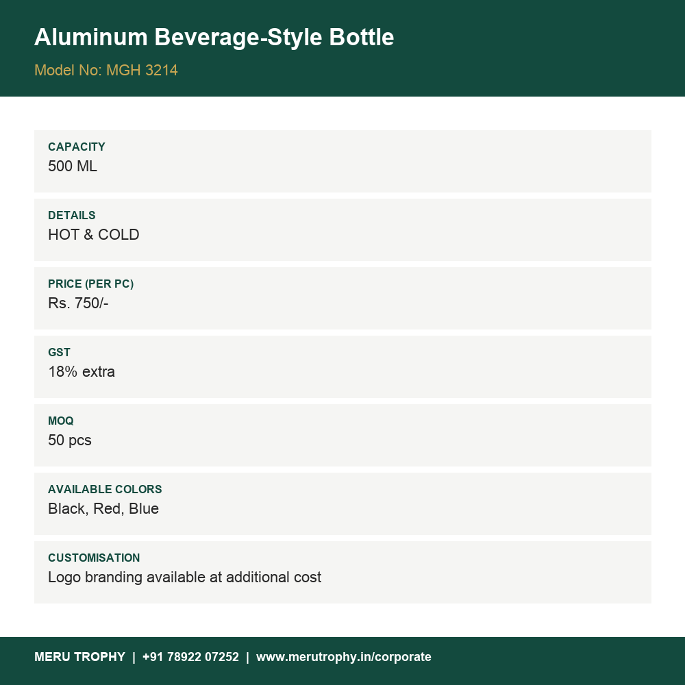 Aluminum Beverage-Style Bottle - product detail card - Meru Trophy corporate gifting