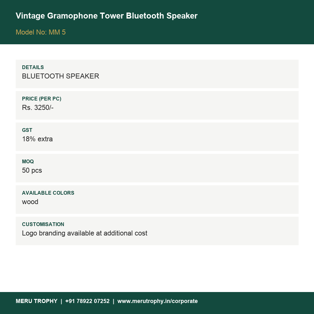 Vintage Gramophone Tower Bluetooth Speaker - product details - Meru Trophy corporate gifting