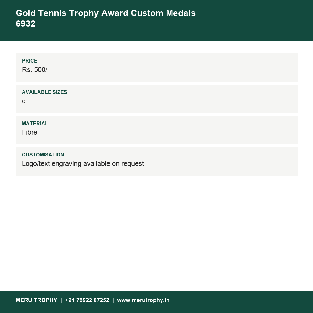 Gold Tennis Trophy Award Custom Medals 6932 details - Meru Trophy