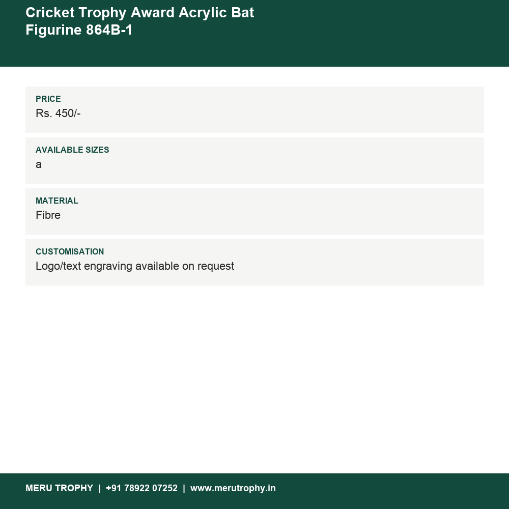 Cricket Trophy Award Acrylic Bat Figurine 864B-1 details - Meru Trophy