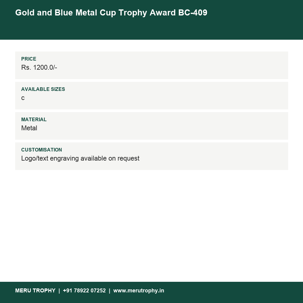 Gold and Blue Metal Cup Trophy Award BC-409 details - Meru Trophy