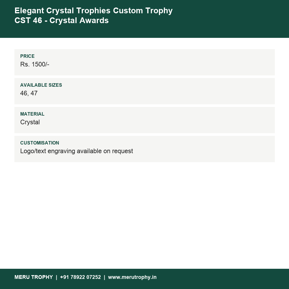 Elegant Crystal Trophies Custom Trophy CST 46 - Crystal Awards details - Meru Trophy
