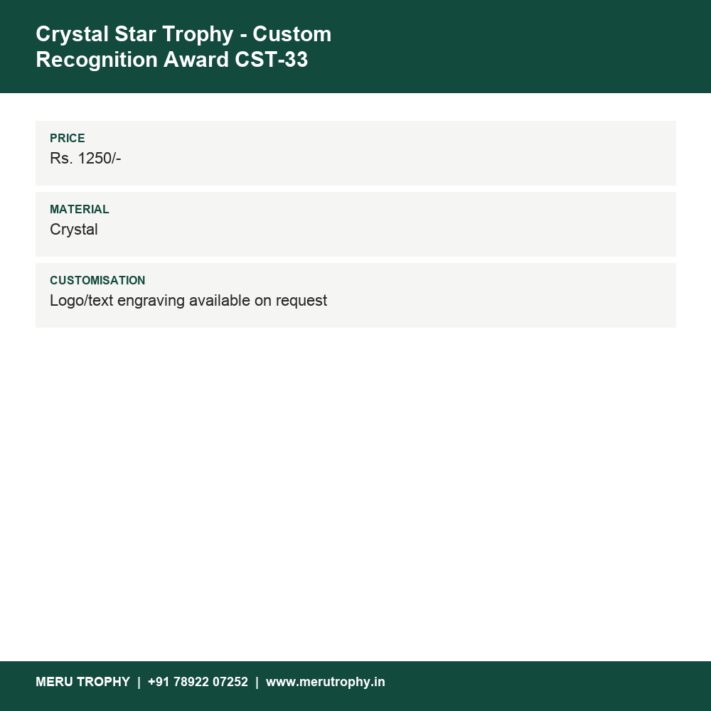 Crystal Star Trophy - Custom Recognition Award CST-33 details - Meru Trophy