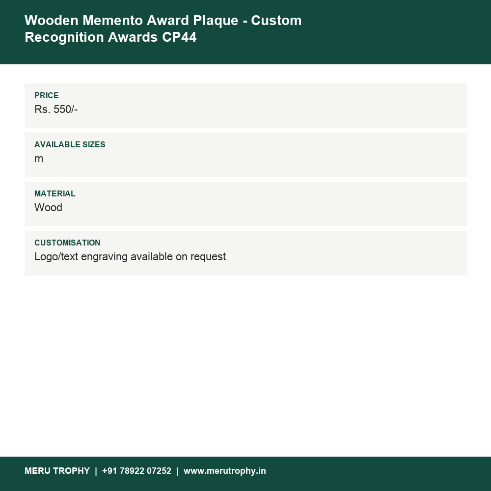 Wooden Memento Award Plaque - Custom Recognition Awards CP44 details - Meru Trophy