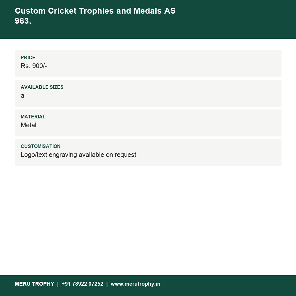 Custom Cricket Trophies and Medals AS 963 details - Meru Trophy
