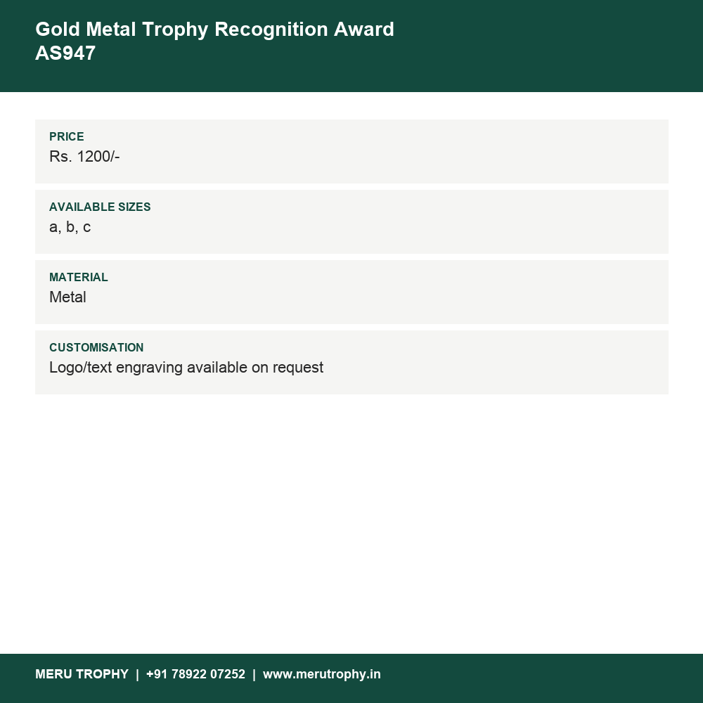 Gold Metal Trophy Recognition Award AS947 details - Meru Trophy