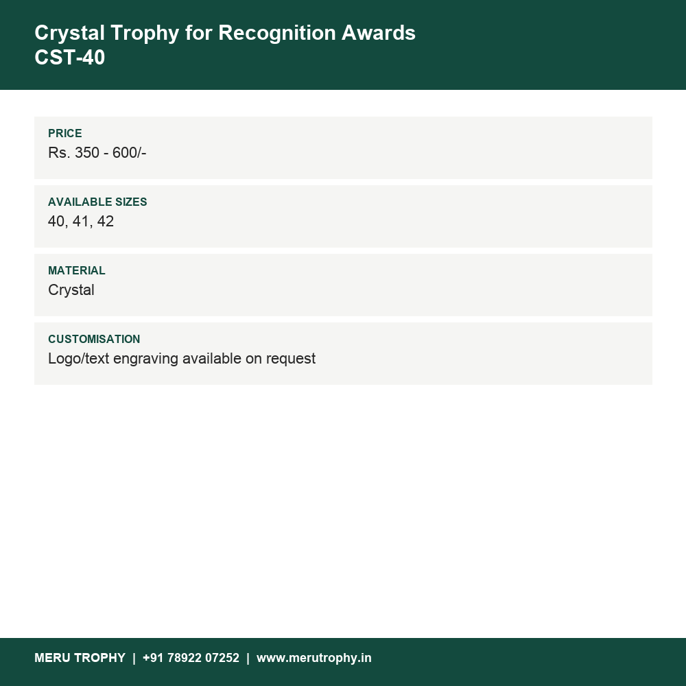 Crystal Trophy for Recognition Awards CST-40 details - Meru Trophy
