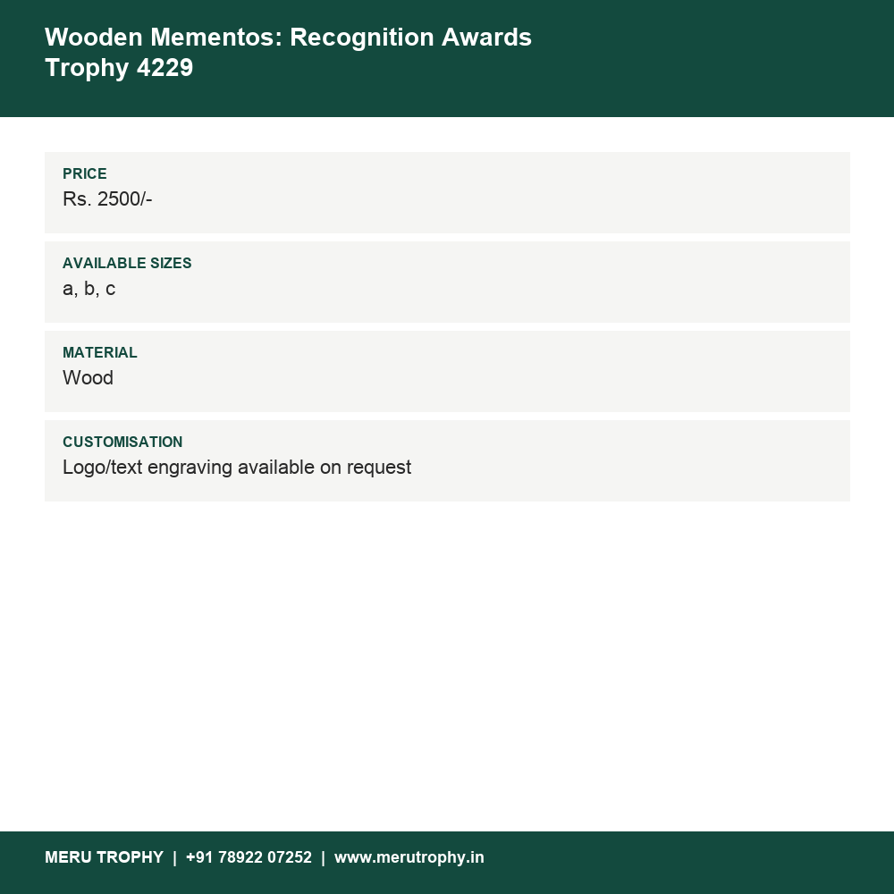 Wooden Mementos: Recognition Awards Trophy 4229 details - Meru Trophy