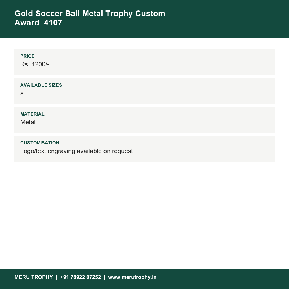 Gold Soccer Ball Metal Trophy Custom Award 4107 details - Meru Trophy