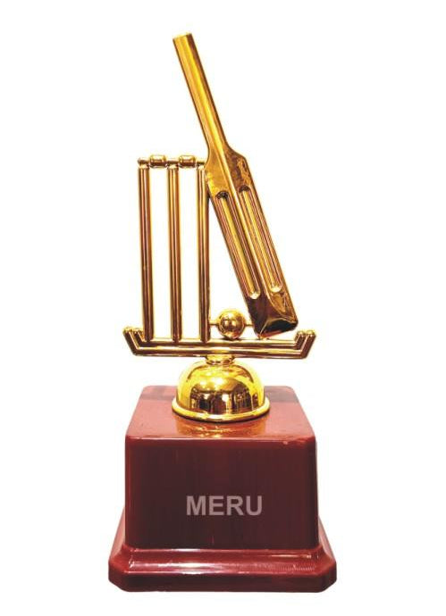 Golden cricket trophy award; perfect for recognizing athletic achievements and showcasing fiber trophies.