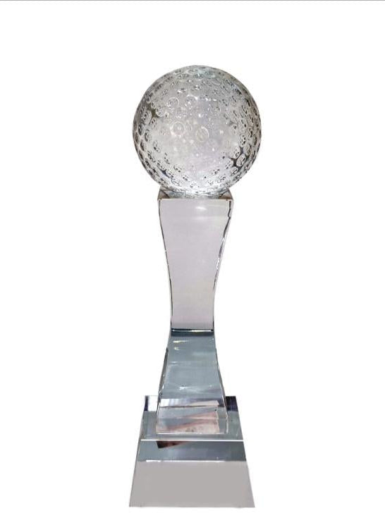 Clear crystal trophy with a golf ball design; perfect for sports awards.