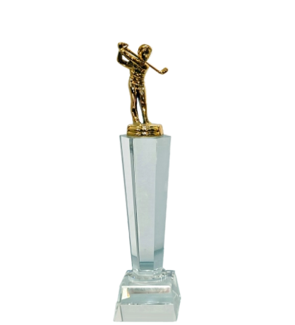 Gold golfer figure on a clear crystal trophy; ideal for sports awards and corporate recognition.