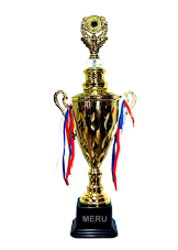 Gold trophy with ribbons on a white background, featuring item number 1902.
Gold cup trophy with red; white; and blue ribbons.