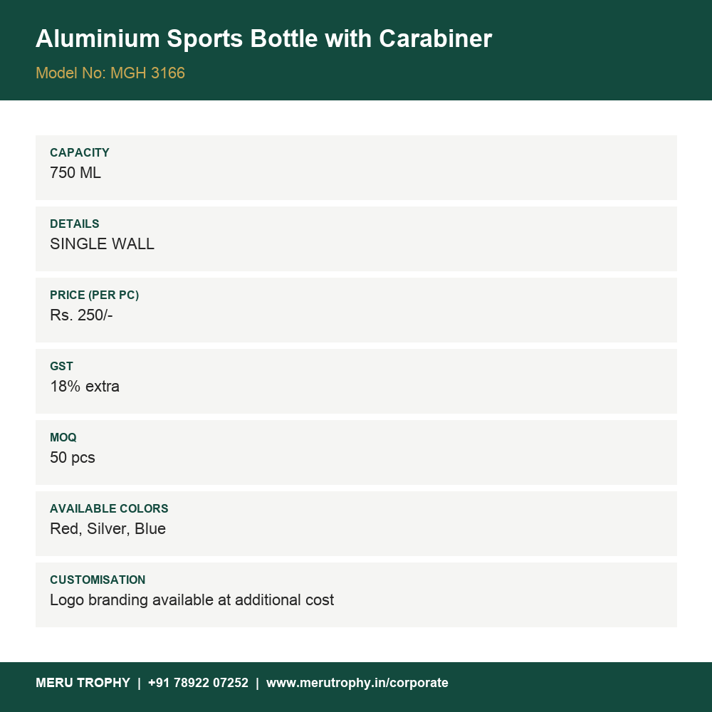 Aluminium Sports Bottle with Carabiner - specifications - MOQ 50 pcs - Meru Trophy