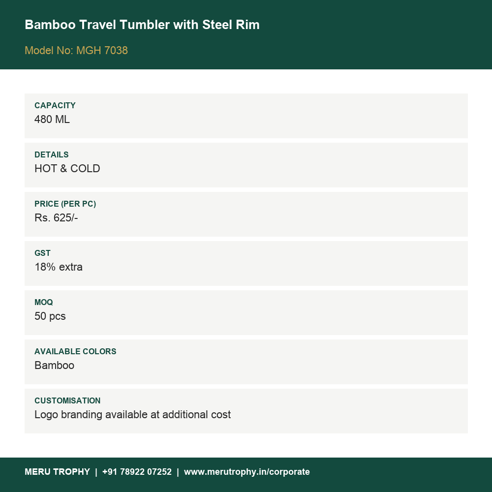 Bamboo Travel Tumbler with Steel Rim - spec card - Meru Trophy corporate gifting