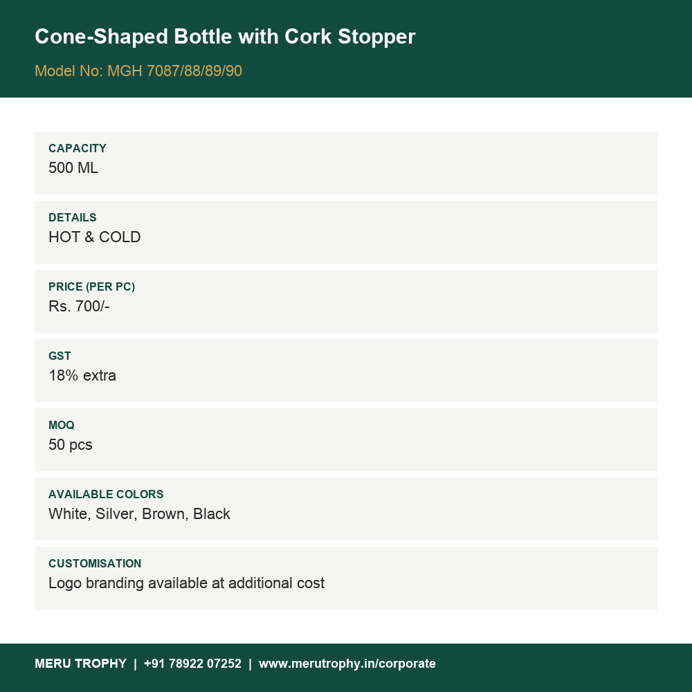 Cone-Shaped Bottle with Cork Stopper - specification card - Meru Trophy corporate gifting