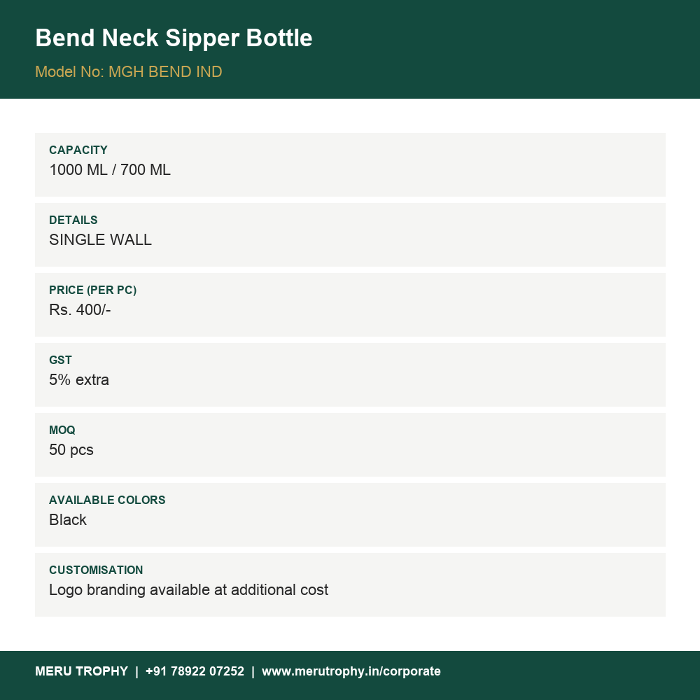 Bend Neck Sipper Bottle - spec card - Meru Trophy corporate gifting