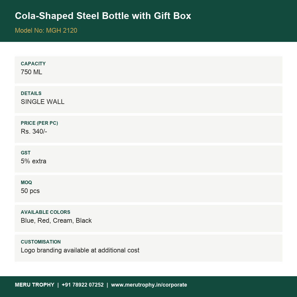 Cola-Shaped Steel Bottle with Gift Box - product details card - Meru Trophy corporate gifting
