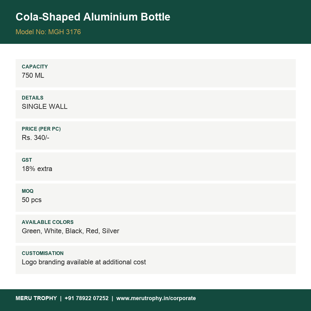 Cola-Shaped Aluminium Bottle - product spec card - Meru Trophy corporate gifting